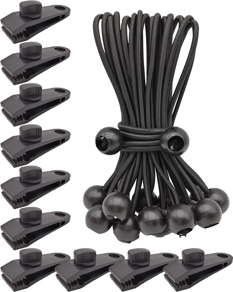 AOBYMIN Tarp Clips Lock Grip, 20 Pack Tarp Clamps Heavy Duty and Ball Bungee Cords Set, Tent Clips with 6 Inch Bungie Cord Balls for Awnings Camping, Patio Umbrellas, Pool Awning Cover - Image 1